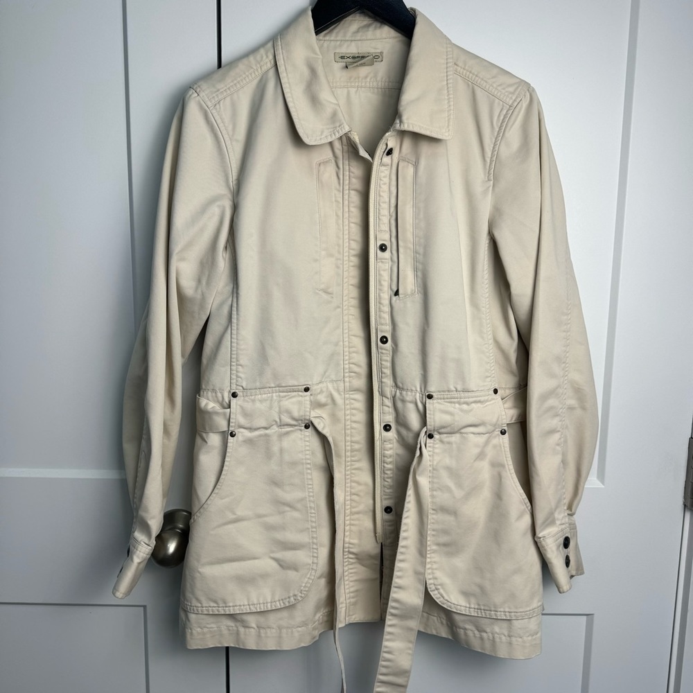 ExOfficio Mid-Length Trench Coat Jacket Women's Medium Khaki Beige Safari Belted